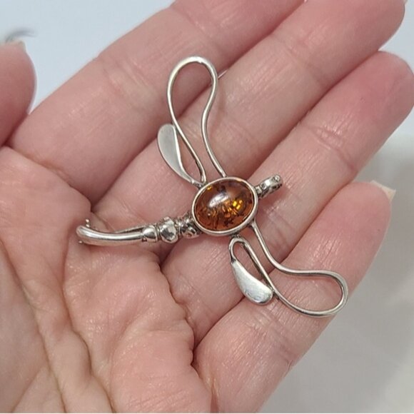 Vintage Sterling Silver Baltic Amber Gemstone Dragonfly Brooch Pendant - Picture 6 of 10